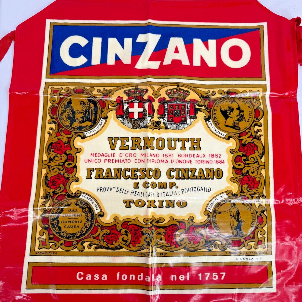Vintage Cinzano Vermouth Torino Red Coated Fabric Apron Printed In Italy Barware